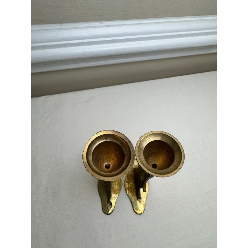 Vintage Brass‎ Angel Candle Holders Set of 2 Trumpet Heralding Angel Brutalist